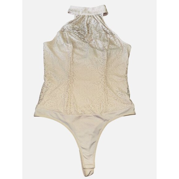 Bebe Lace Mock Neck Thong Bodysuit Large Ivory White Sexy Y2K Rock Victorian Top - Picture 1 of 9